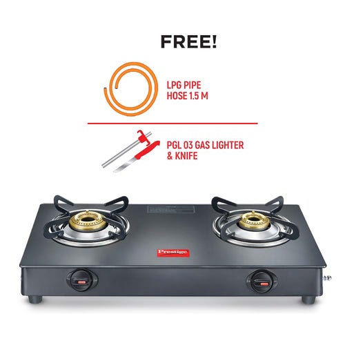 PRESTIGE ATLAS PLUS LP GAS STOVE 1 U GTA-02+ (WITH POWDER COATED BODY, GLASS TOP AND 2 U BRASS BURNERS) & L. P. GAS HOSE (WITH STEEL WIRE RE-INFORCED-1.5m)1 U & GAS LIGHTER PGL 03 1 U & KNIFE 1 U FREE
