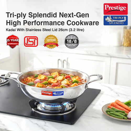 Prestige 26cm/3.2L Tri-Ply Stainless Steel Splendid Kadai with Lid|Gas and Induction Compatible|Even Heat Distribution| Thick Gauge Tri-Ply Body| Perma Cool Handles|15 Year Warranty
