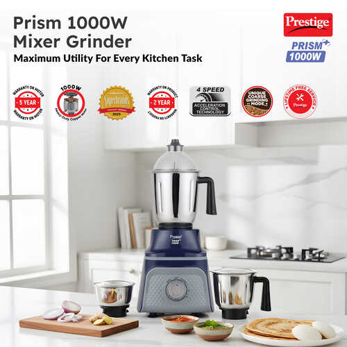 Prestige Prism Plus 1000W Mixer Grinder with 3 Stainless Steel Jars – 1.5L Wet Jar, 1.0L Dry Jar, 450ml Chutney Jar | 4-Speed Heavy Duty Motor