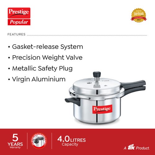 Prestige Popular Virgin Aluminium Precision Weight Valve Pressure Cooker, 4 L (Silver)