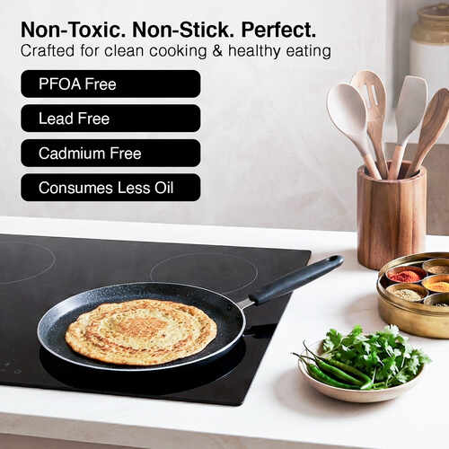 Prestige Omega Granite Non-stick Dosa Tawa 30cm | 5-Layer Coating | Gas & Induction Compatible | PFOA Free | Metal Spoon Friendly | Sturdy Handle | Dishwasher Safe | 2Y Warranty | ISI Certified
