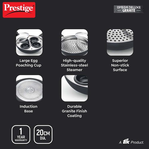 PRESTIGE OMEGA DELUXE GRANITE MULTI-PAN COOKWARE 20 cm WITH EGG POACHER 1 U, STEAMER 1 U, WITH GLASS LID