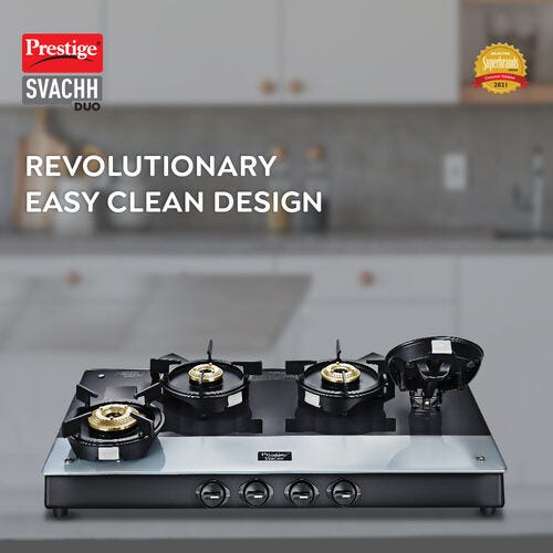 Prestige Svachh Duo Toughened Glasstop Gas Stove with Liftable 4 Burners (Black) - GTSD 04 L
