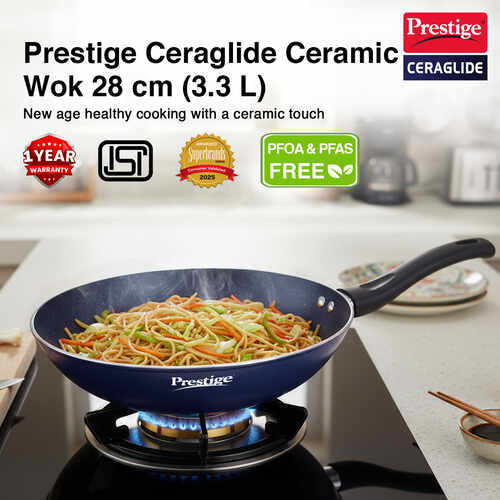 Prestige Ceraglide Ceramic Coating Non-Stick Aluminium Cookware Wok 28 Cm (3.3 Litre)