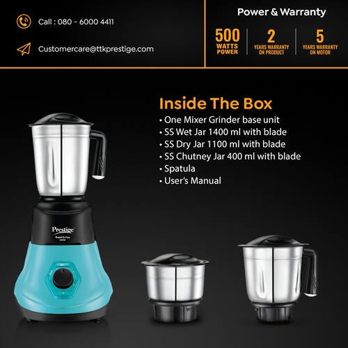 Prestige 500 Watts Superb Plus Mixer Grinder with 3 Stainless Steel Jars|Sturdy Handles| Flow Breaker| Blue and Black