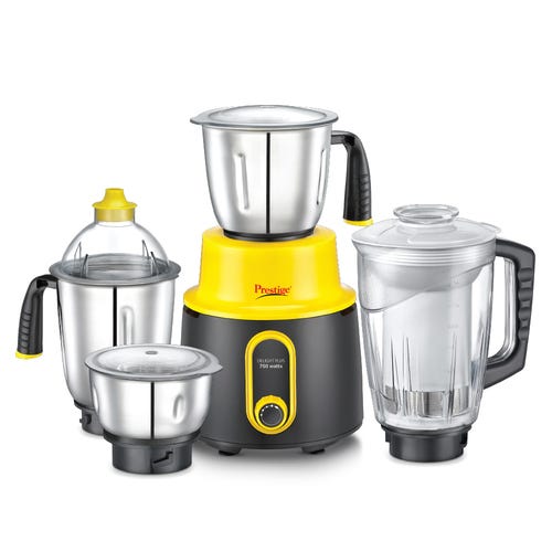 Prestige 750 Watts Delight Plus Mixer Grinder with 4 Jars (3 Stainless Steel Jars + 1 Juicer Jar)| Sturdy Handles| Superior-Grade ABS Body| Yellow and Black