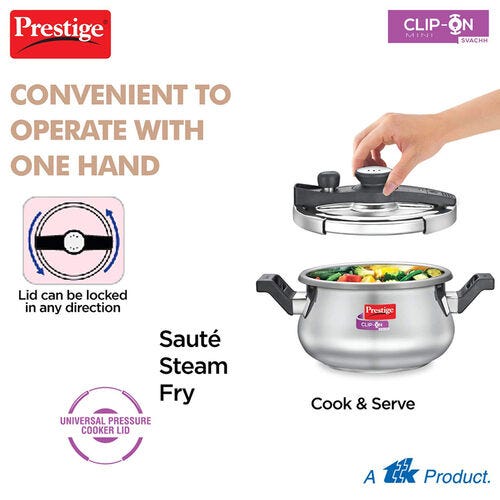Prestige Clip-on Mini Svachh Stainless Steel Spillage Control Pressure Cooker with Glass Lid, (Silver)
