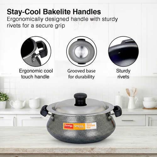 Prestige Omega Select Plus Teflon Non-stick Coated Junior Handi with Stainless Steel Lid and Scrubber for Non-Stick Cookware, 20cm (Black)