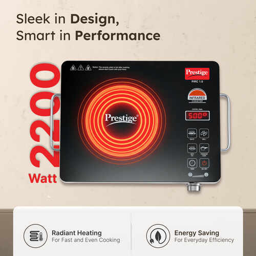 Prestige PIRC 1.0 2200 Watts Infrared Cooktop | Preset Indian Menu Options & Timer | Compatible With Any Metal Cookware With Flat Bottom | Easy to clean | Portable | Black | 1Y Warranty | BIS
