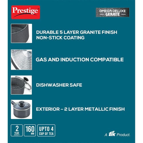 Prestige Omega Deluxe Granite Non-stick Round Base Milk Pan with Glass Lid (Black)