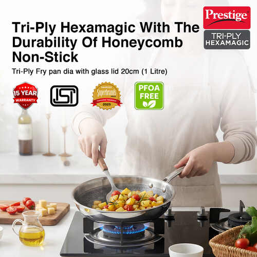 Prestige TRIPLY HexaMagic Fry Pan 20cm/1.0L | Durable Honeycomb Non-Stick Structure | Low Oil Consumption | Metal Spoon Friendly | Gas & Induction Compatible | 15Y Product & 3Y Coating Warranty| ISI