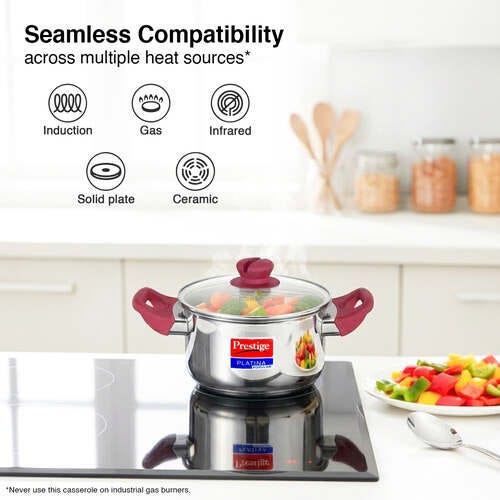 Prestige Platina Popular Stainless Steel Unique Impact Forged Bottom Casserole with Glass Lid, 18cm (2 L) (Silver)