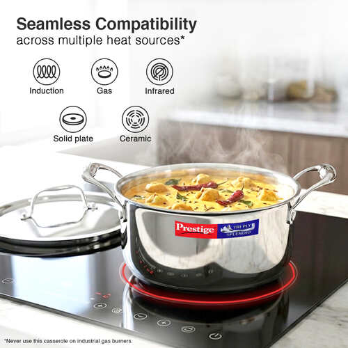 Prestige 22cm/4.25L Tri-Ply Stainless Steel Splendid Casserole| Gas and Induction Compatible |Even Heat Distribution| Thick Gauge Tri-Ply Body| Perma Cool Handles|15 Year Warranty