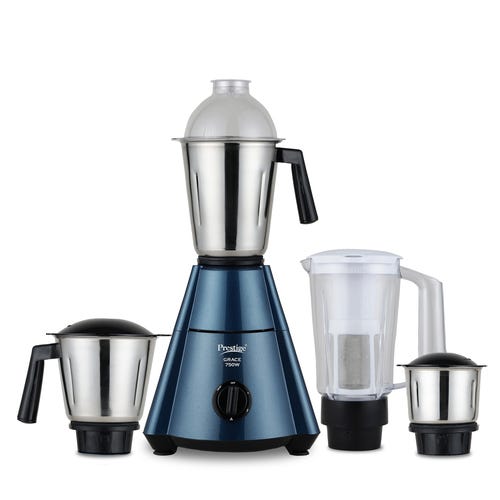Prestige 750 Watts Grace Mixer Grinder with 4 Jars (3 Stainless Steel Jars + 1 Juice Jar)|4 Super Efficient Blades|Sturdy Handles|Dome Shaped Lid|Blue & Black
