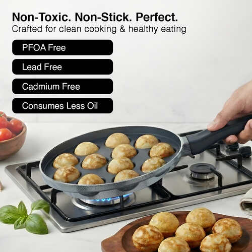 Prestige Omega Select Plus 12 Pits Paniyarakkal with Lid 24 cm Diameter (Aluminium, Non-stick)
