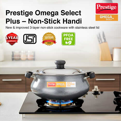Prestige Omega Select Plus Teflon Non-stick Coated Handi with Stainless Steel Lid and Scrubber for Non-Stick Cookware, (Black)