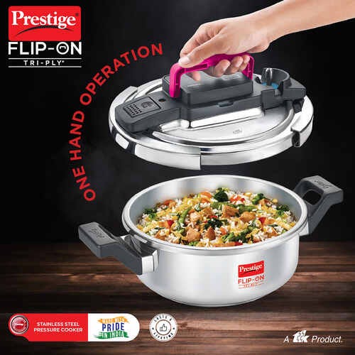 PRESTIGE FLIP-ON TRI-PLY STAINLESS STEEL PRESSURE COOKER 3 L 220m WITH GLASS L|D