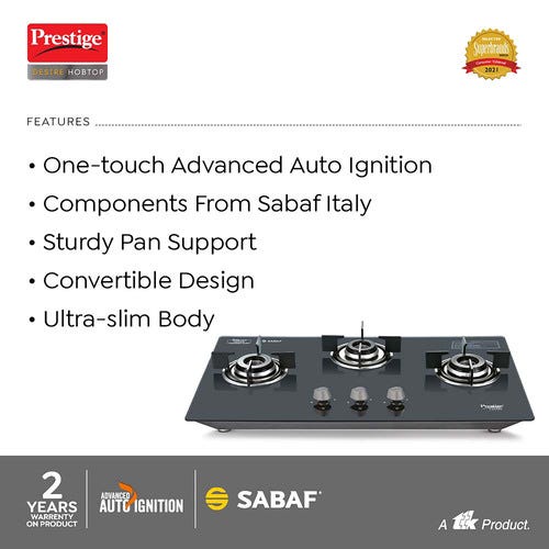 Prestige Desire Hobtop L P Gas Table ( PHTD 03 AI Black With Glass Top, 3 Burners & Auto Ignition)