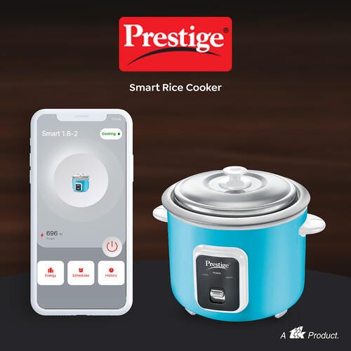 Prestige Delight Smart 1.8-2 Rice Cooker | 1.8L Capacity | Internet Enabled | Cool Touch Handles with 2 Aluminium Cooking Pans | 1-Year Warranty | Blue