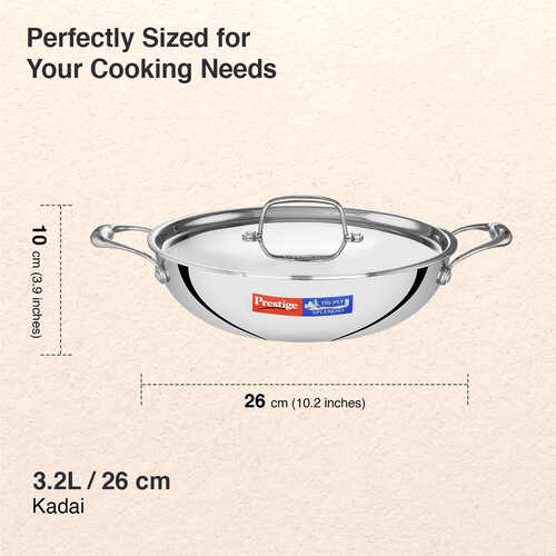 Prestige 26cm/3.2L Tri-Ply Stainless Steel Splendid Kadai with Lid|Gas and Induction Compatible|Even Heat Distribution| Thick Gauge Tri-Ply Body| Perma Cool Handles|15 Year Warranty
