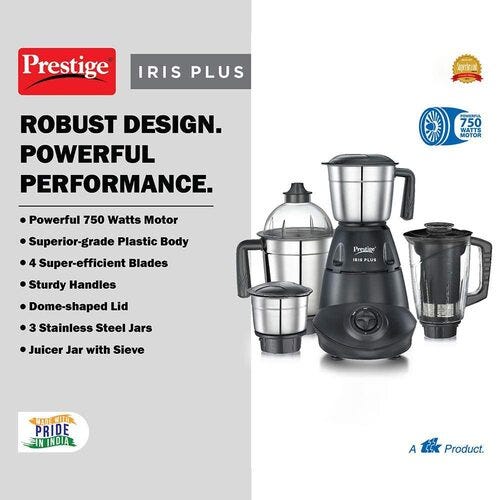 Prestige Iris 750 Watt Mixer Grinder with 4 Jars (3 Stainless Steel + 1 Juicer) | Super Efficient SS Blades | Black | 2Y Warranty | ISI Certified