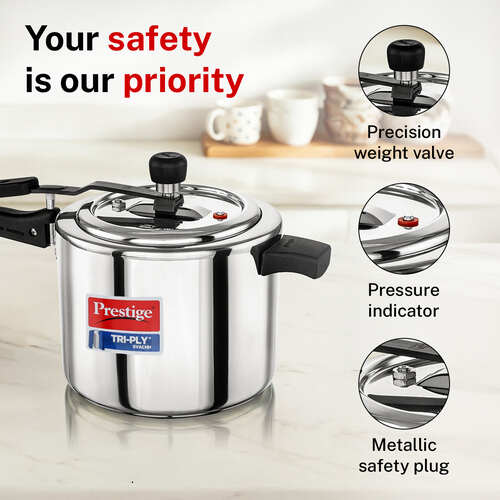Prestige 5 L Tri-Ply Svachh Inner Lid Pressure Cooker| Gas and Induction Compatible| Spillage Control| Even Heat Distribution| Low Cooking Oil| Faster Cooking| 5 Years Warranty| Silver