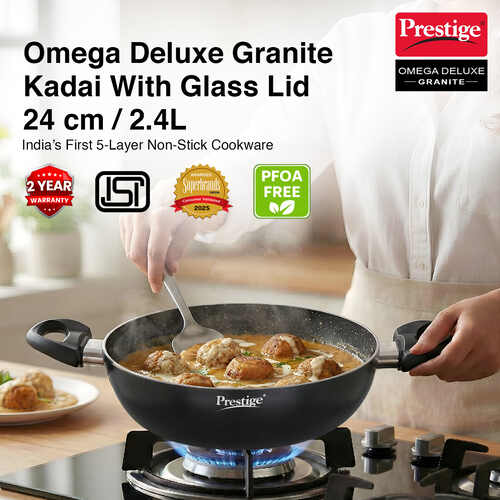 Prestige Omega Deluxe Granite Non-stick Kadai with Glass Lid, 24cm, 2.4 L (Black)