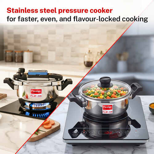 Prestige Svachh Flip-on Stainless Steel Spillage Control Pressure Cooker with Glass Lid, 3 Litre (Silver)