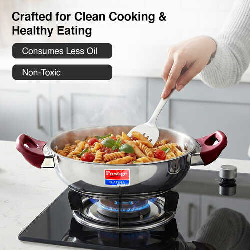 Prestige Stainless Steel 2 Pc Cookware Set with Glass Lid | Platina Popular | Fry Pan 24cm (2.25 L) | Kadai 24cm (2.8 L) | TRIPLY Base | Gas & Induction Compatible | Even Heating | 5Y Warranty | ISI