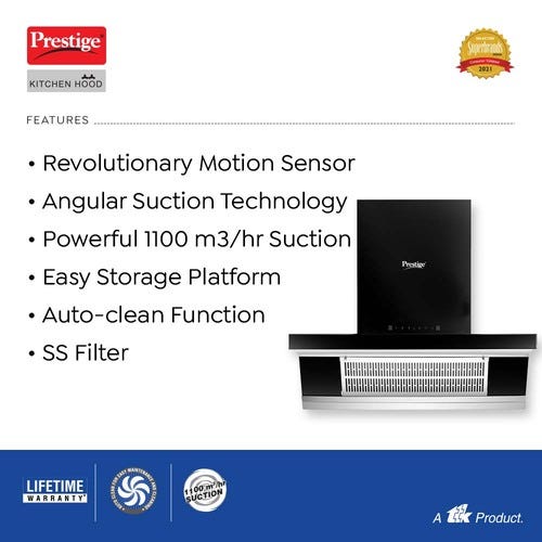 Prestige Tampa 900 KitchenHood with Auto Clean Function - Angular Suction - 1100m3/hr