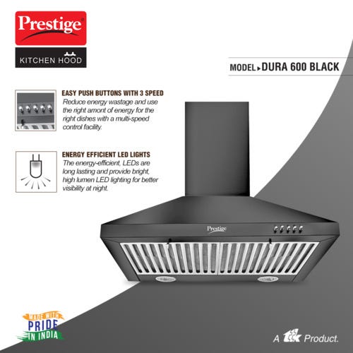 Prestige Dura 600 Black Stainless Steel Baffle Filter Kitchen Hood - 1000m3/hr