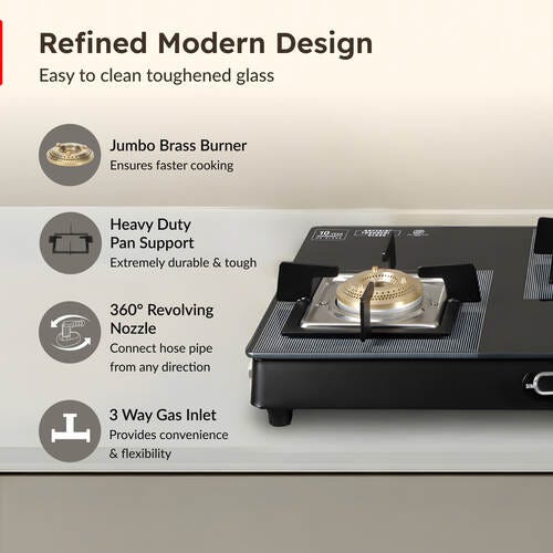 Prestige Vectra 3 Burner Glasstop Gas Stove|Superior Toughened Glass|Jumbo Brass Burner|3-Way Gas Inlet|360 Degree Revolving Nozzle|10 Years Warranty on Glass|Black