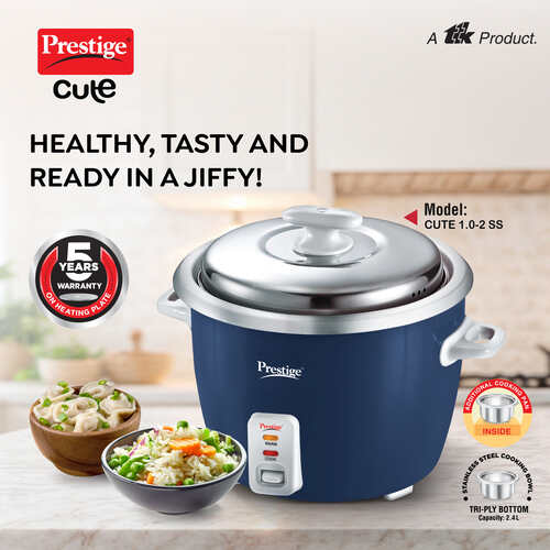 Prestige Cute 1.0-2 SS 400W Electric Rice Cooker|Stainless Steel Cooking Pan 2U|Can Cook|Cool Touch Handles|Blue and Silver|1 Year Warranty On Product And 5 Years Warranty On Heating Plate
