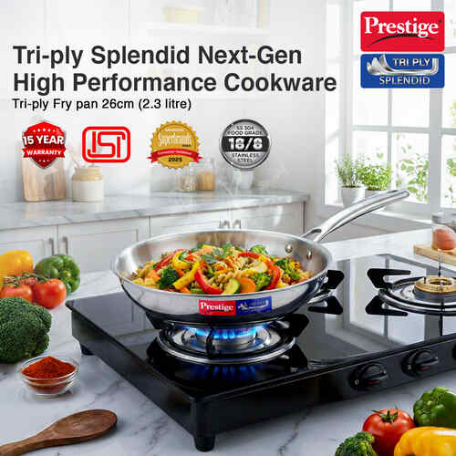 Prestige 26cm/2.3L Tri-Ply Stainless Steel Splendid Fry Pan| Gas and Induction Compatible| Even Heat Distribution| Thick Gauge Tri-Ply Body