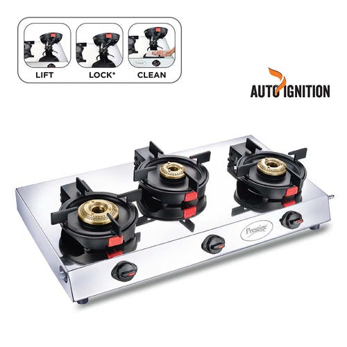 Prestige Svachh Perfect 3B with Liftable Burners Stainless Steel Auto-ignition Gas Stove