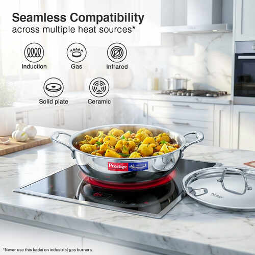 Prestige 28cm/4.0L Tri-Ply Stainless Steel Splendid Kadai with Lid|Gas and Induction Compatible|Even Heat Distribution| Thick Gauge Tri-Ply Body| Perma Cool Handles|15 Year Warranty