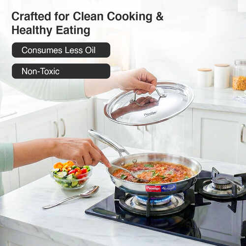Prestige 22cm/1.0L Tri-Ply Stainless Steel Splendid Fry Pan with Lid|Gas and Induction Compatible|Even Heat Distribution| Thick Gauge Tri-Ply Body|15 Year Warranty