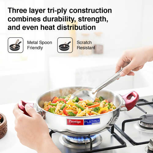 Prestige Platina Popular Stainless Steel Unique Impact Forged Bottom Kadai with Toughened Glass Lid, 28cm (4.6 L)  (Silver)