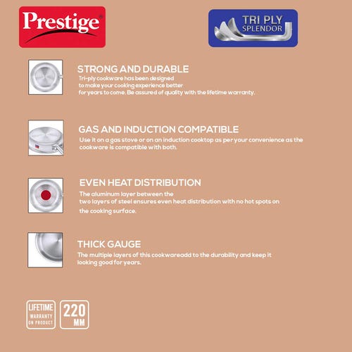 Prestige Tri-ply Splendor Stainless Steel Thick Gauge Fry Pan, (Silver)