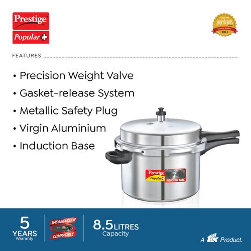 Prestige Popular Plus Virgin Aluminium Gas and Induction Compatible Pressure Cooker, 8.5 L (Silver)