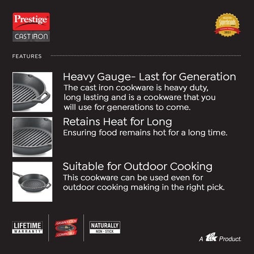 Prestige Cast Iron Scratch Resistant Gas and Induction Compatible Grill Pan, (Black)