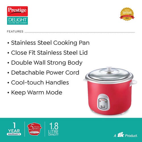 PRESTIGE DELIGHT ELECTRIC RICE COOKER PROK 1.8 SS (SILKY RED) (1.8L OPEN TYPE, WITH STAINLESS STEEL COOKING PAN -1 UNIT)