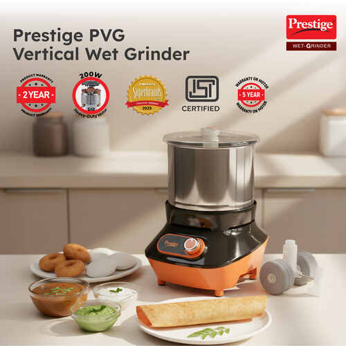 Prestige Vertical PVG 1.5 Wet Grinder with Stainless Steel Drum 200 W, 1.5 L (Black & Orange)