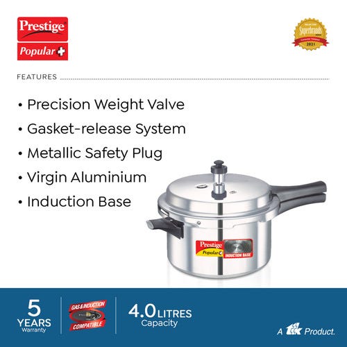 Prestige Popular Plus Virgin Aluminium Gas and Induction Compatible Pressure Cooker, 4 L (Silver)