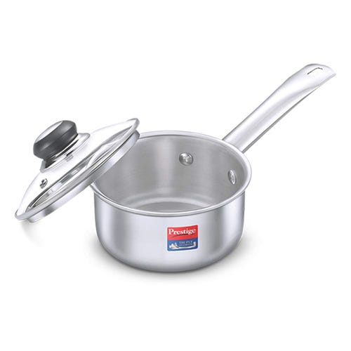 Prestige 14cm/1.1L Tri-Ply Stainless Steel Splendor Sauce Pan with Glass Lid|Gas and Induction Compatible| Even Heat Distribution|Strong and Durable| Perma-Cool Handles| Lifetime Warranty