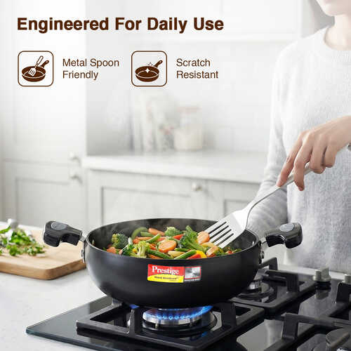 Prestige Hard Anodised Plus Gas and Induction Compatible Kadai with Glass Lid, 24 cm, Black
