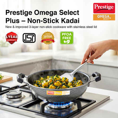 Prestige Omega Select Plus Aluminium Flat Base Non-Stick Coating Kadai with SS Lid, 25cm (Black)