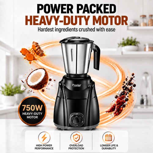 Prestige Elliot 750 Watt 3 Jar Mixer Grinder | Hybrid Copper Motor | 3 Speed Control with Pulse Function | 3 Stainless Steel Jars| Sturdy Ergonomic Handles| 2Y Warranty | ISI Certified