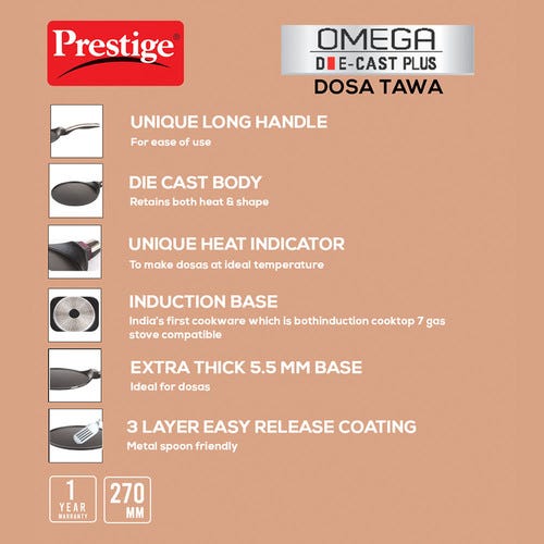 Prestige Omega Die-Cast Plus Non Stick Induction Base Tawa 27cm (Black)