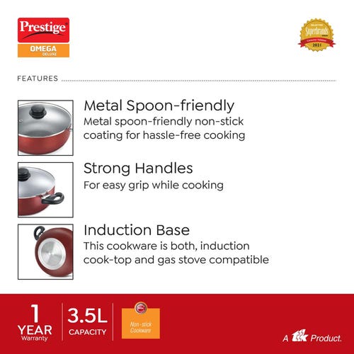 Prestige Omega Deluxe Aluminium Non-Stick Round Base Deep Kadai with Glass Lid (Red)